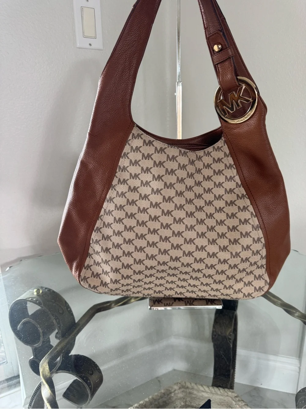 Michael Kos Fulton Brown Leather and Canvas Logo Hobo Bag Three Sections NWOT